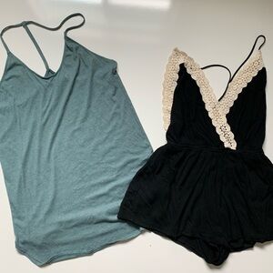 Lot Of 2 Lulu’s Catching Wind Navy Lace Romper And Washed Green Scoop Mini Dress